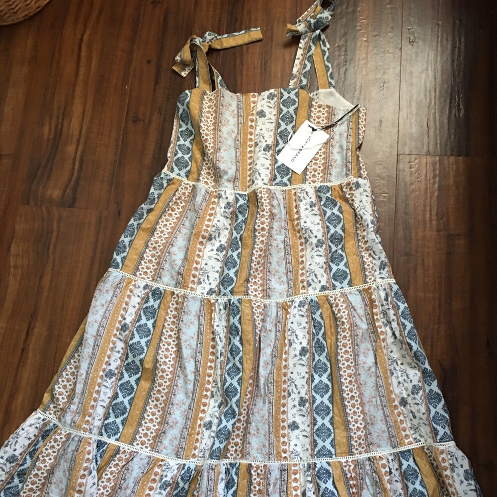 New Lucky Brand Shoulder Tie Tiered Dobby Midi Dress - Picture 10 of 16